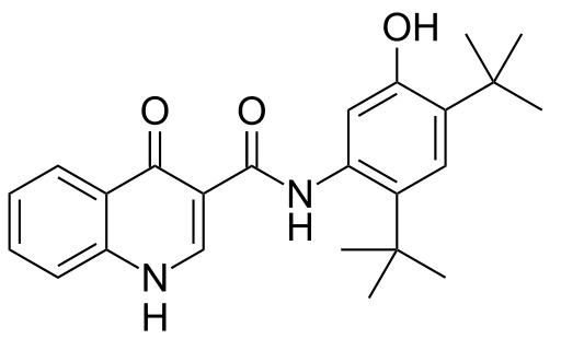 The molecular structure of Ivacaftor (Kalydeco).