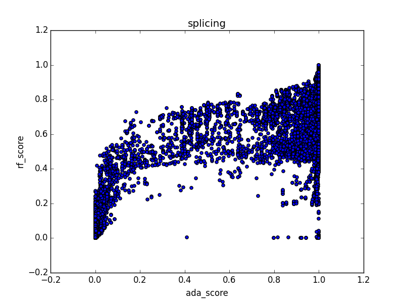 Fig 4. Scatter plot of rf score vs. ada score for SNVs within 'splicing' regions on chrom 1.